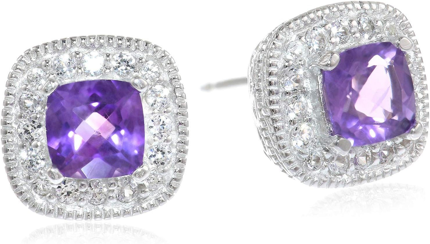 Cushion Cut Garnet Halo Stud Earrings in Sterling Silver
