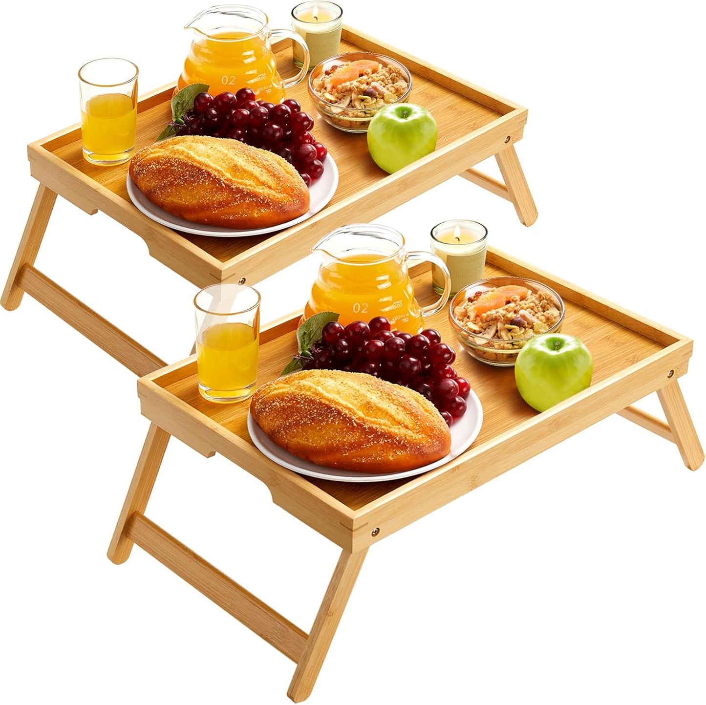 Pipishell Bamboo Bed Tray - Foldable Legs, Multi-Use for Kids & Couples - 2 Pack