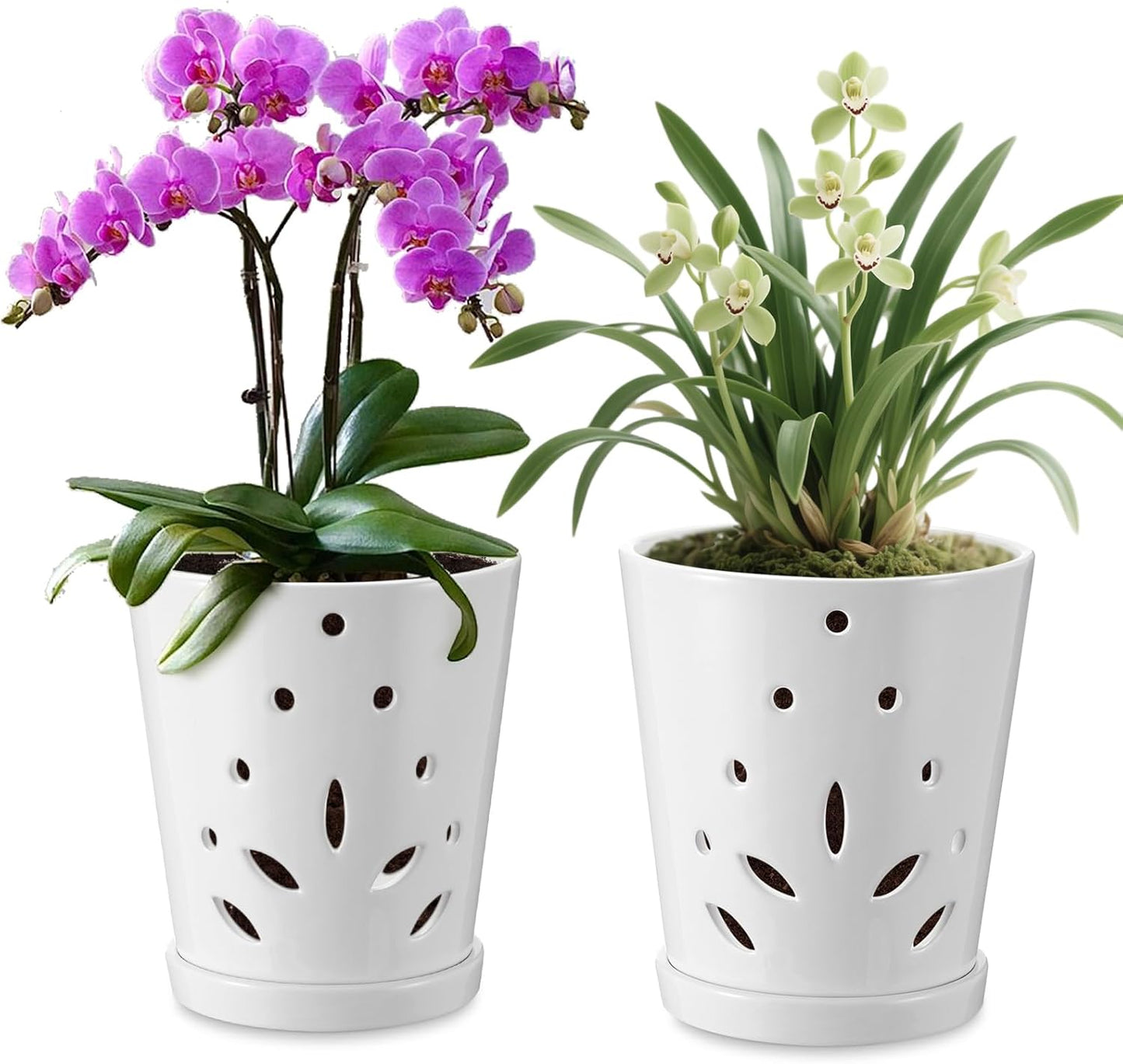 Set of 2 6.5 Inch Ceramic Orchid Pots for Indoor Plants