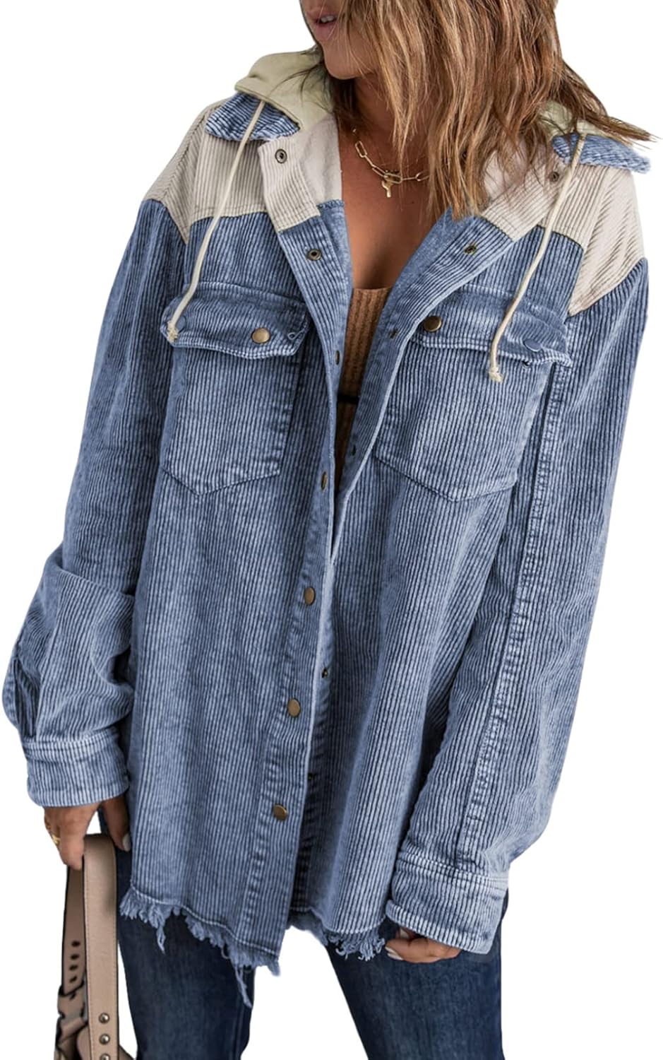Dokotoo Womens Fall Corduroy Shacket Jacket with Hood and Pockets