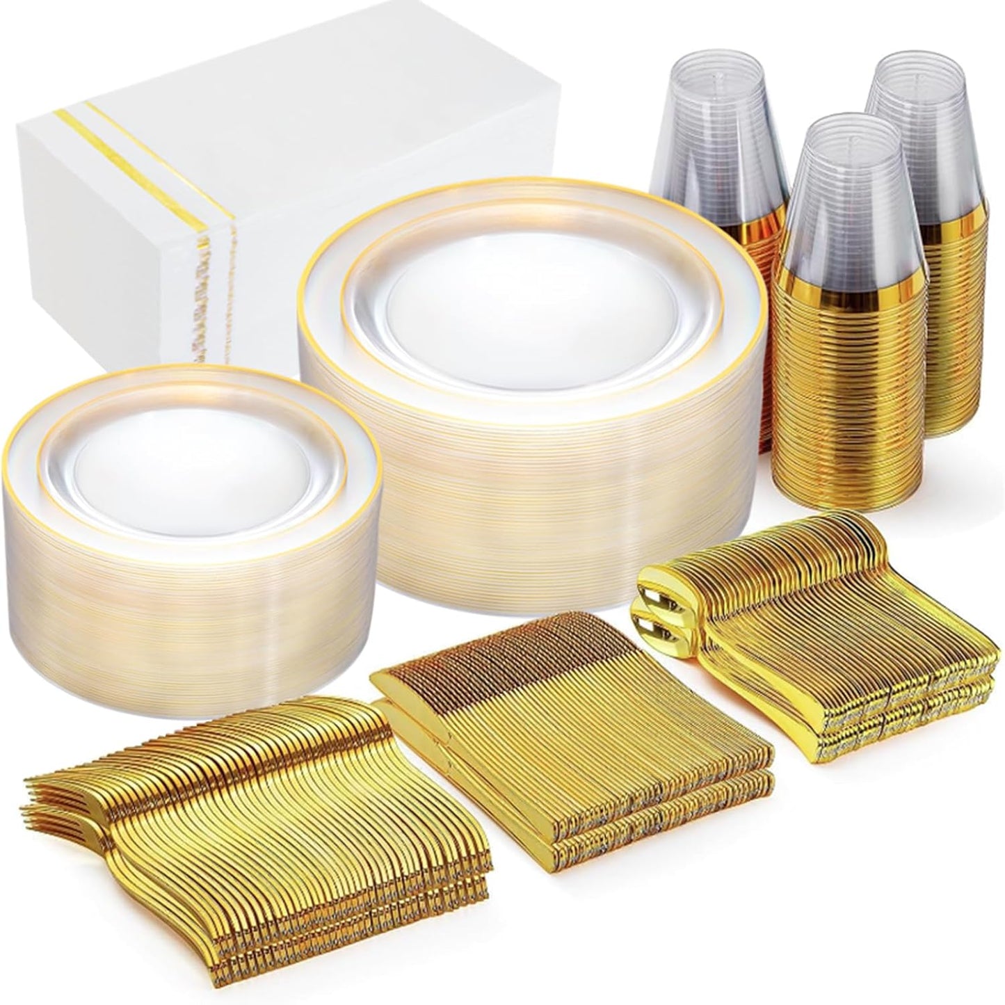 GATHER 350PCS Clear Gold Plastic Plates for Elegant Dining