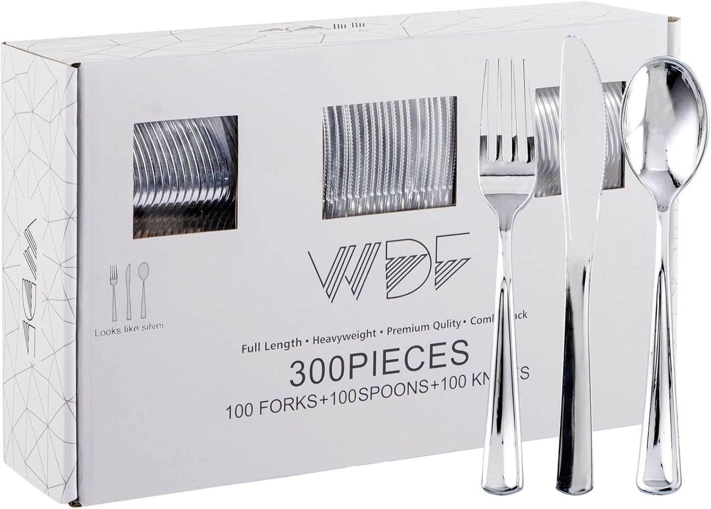 WDF 300 Pieces Silver Plastic Silverware for Elegant Parties