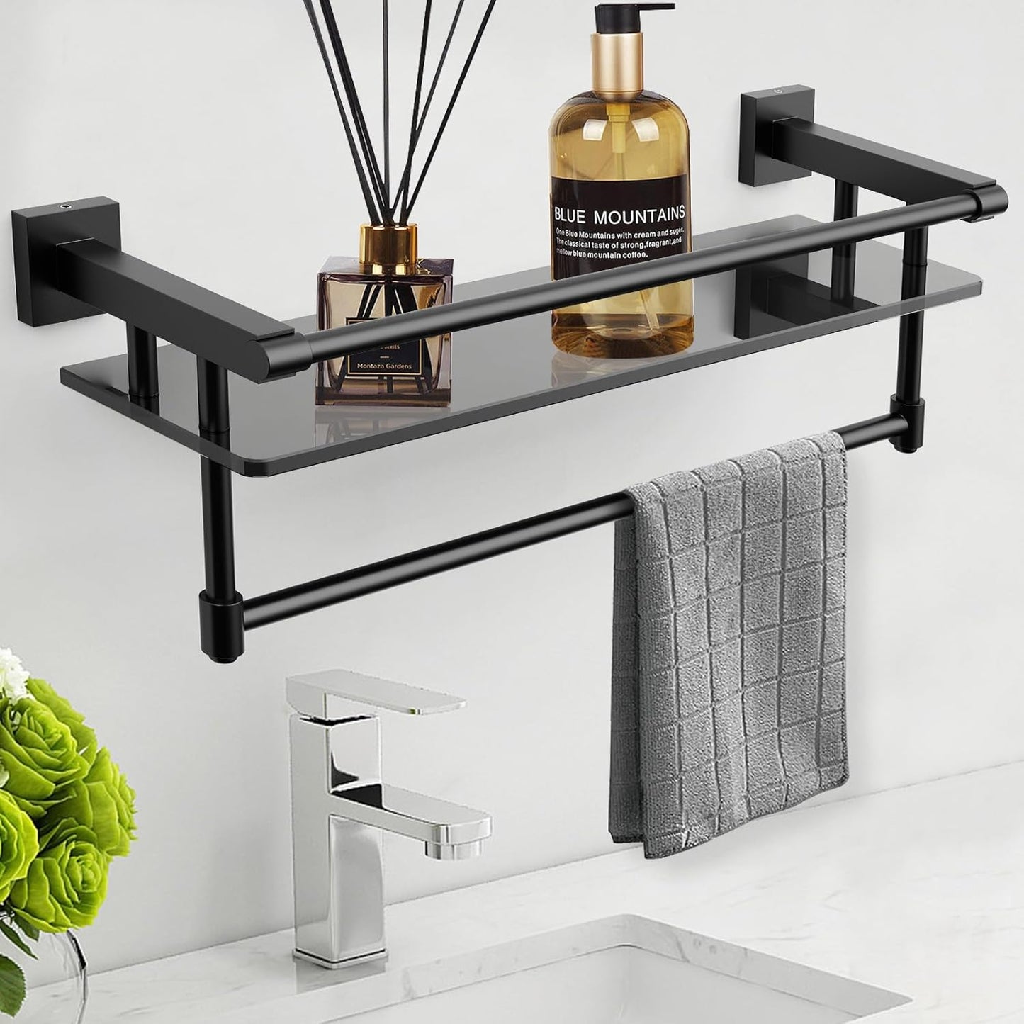 Tempered Glass Bathroom Shelf with Towel Bar for Neat Storage