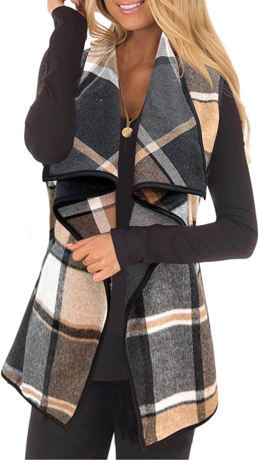 YACUN Women Plaid Vest Open Front Sleeveless Jacket with Pockets