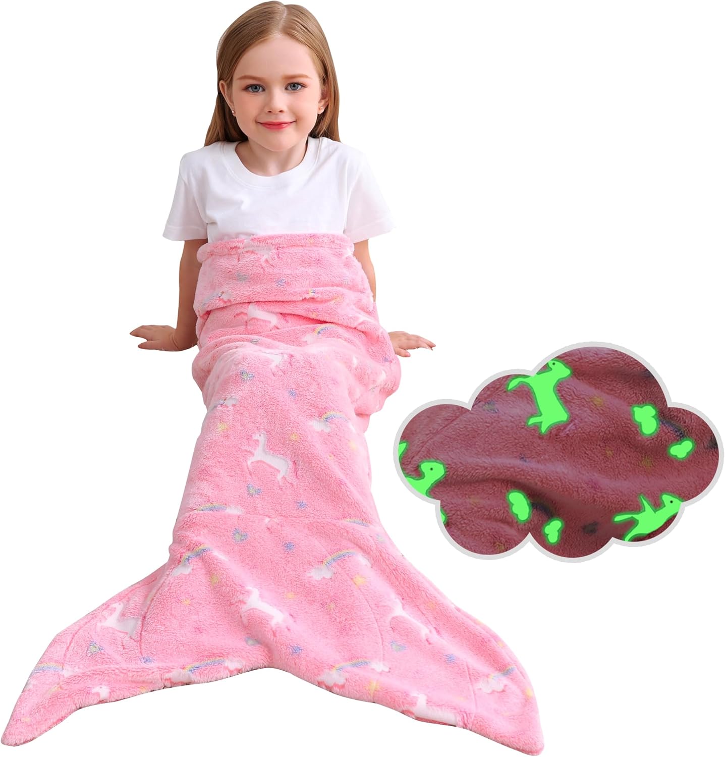 Glowing Unicorn & Mermaid Tail Blanket for Girls - Soft Flannel, Rainbow Design - 17 x 39