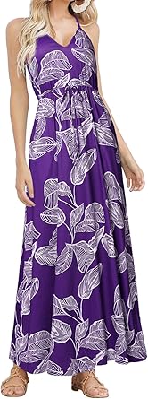 HUSKARY Womens Sleeveless V Neck Spaghetti Strap Maxi Dress