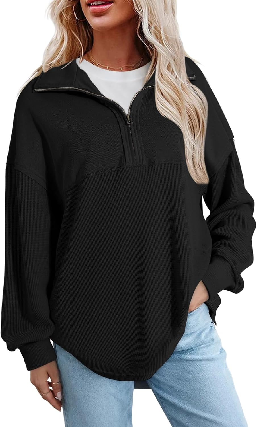 SHEWIN Womens Fall Sweatshirt Casual Waffle Knit Half Zip Pullover