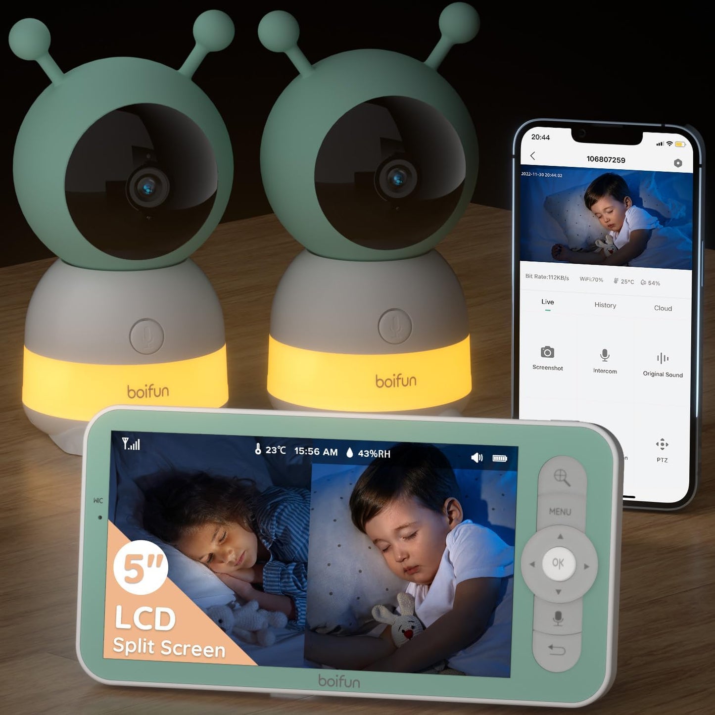 BOIFUN 2024 Split-Screen 2K Baby Monitor - App Control, Night Vision