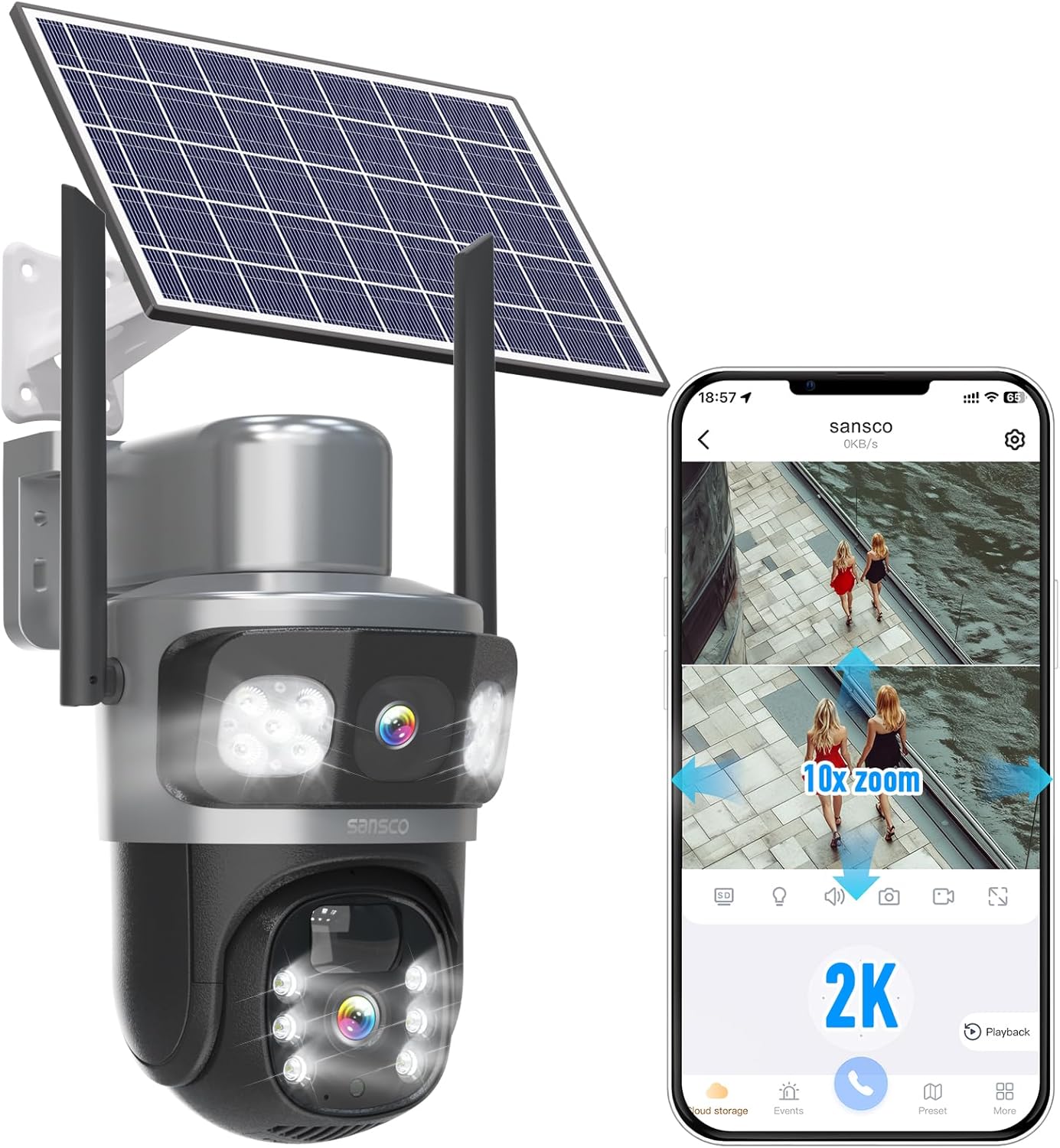 SANSCO 2K 4MP Dual-Lens Solar Security Camera for Home Use
