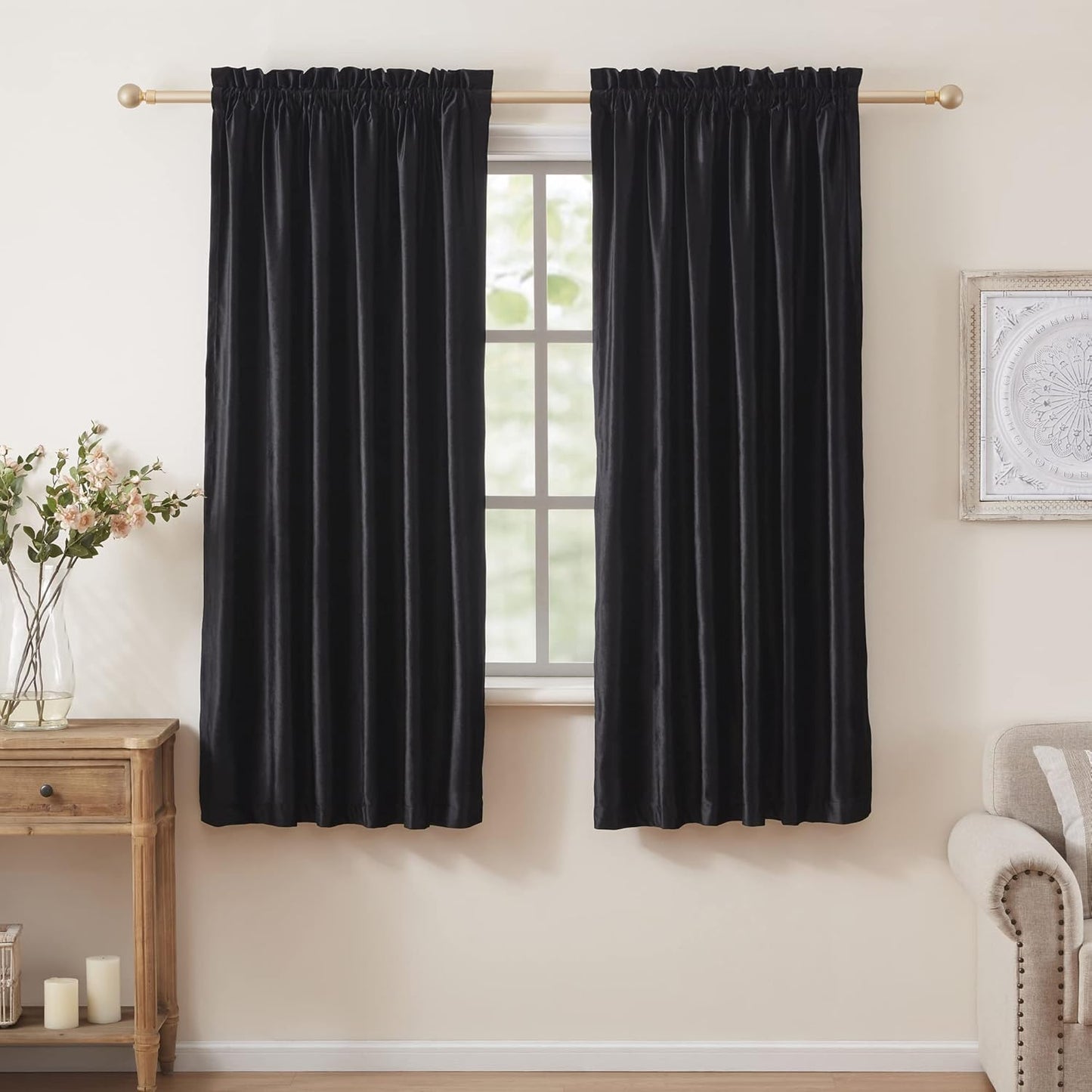 PRIMROSE Black Curtains 63 inch Velvet Blackout Drapes Set
