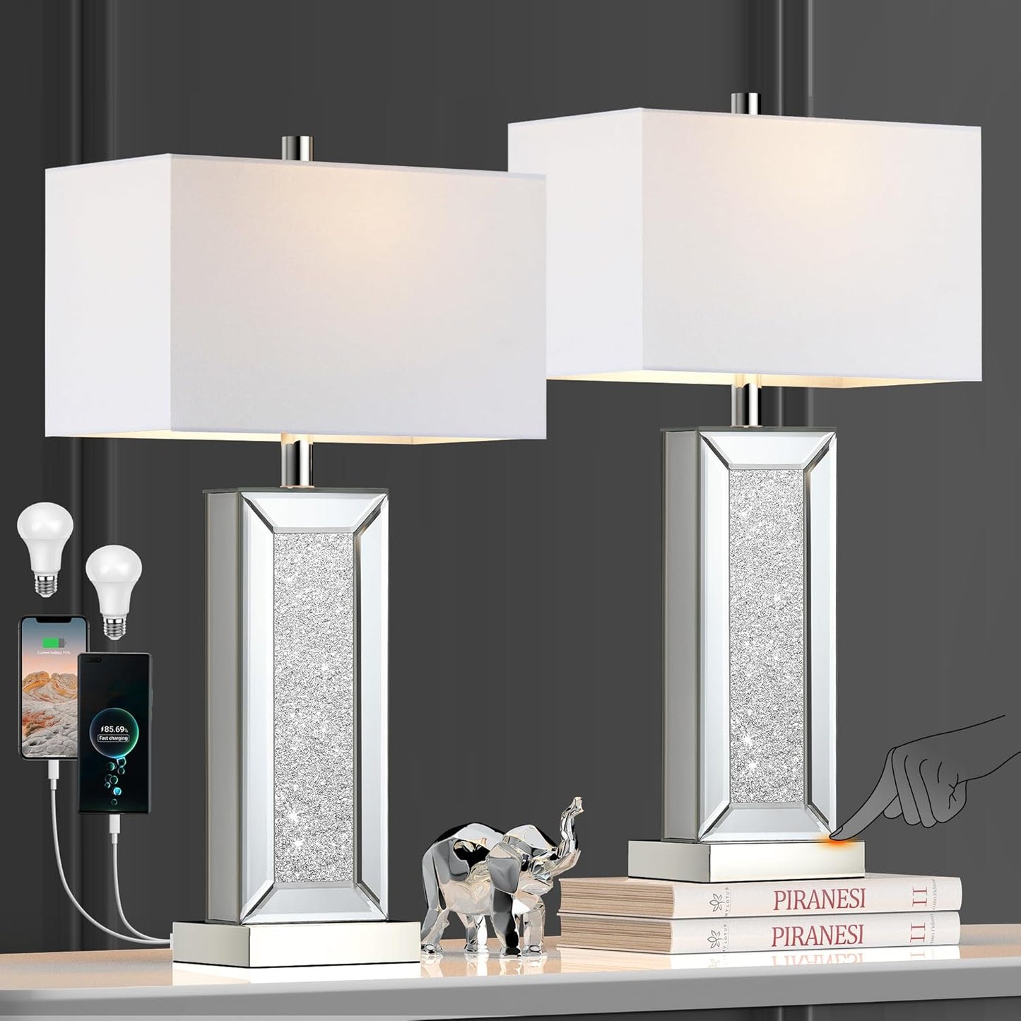 Modern Table Lamp Set of 2 with Touch Control and USB Ports