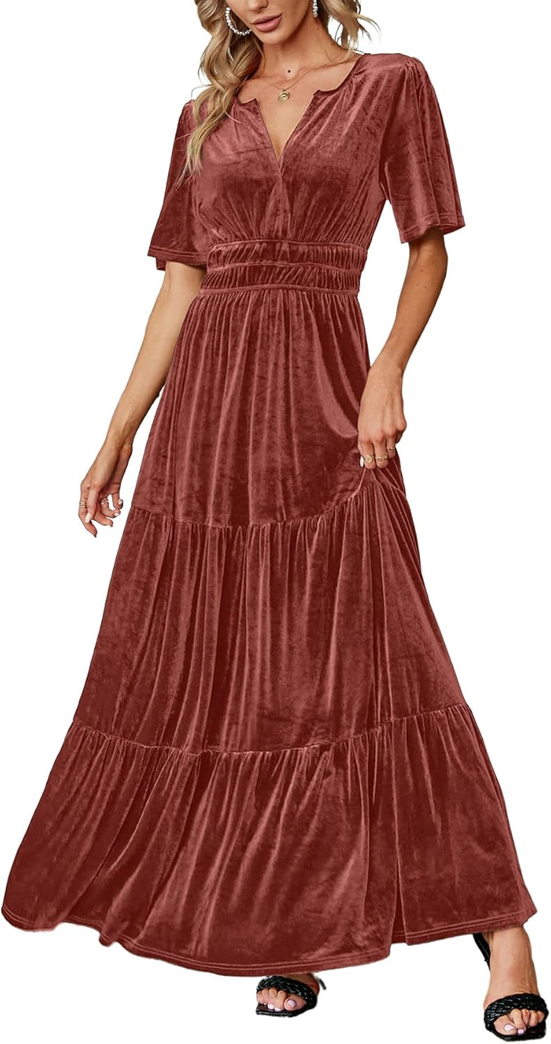 Elegant Amegoya Women's Velvet V Neck Maxi Dress for Events