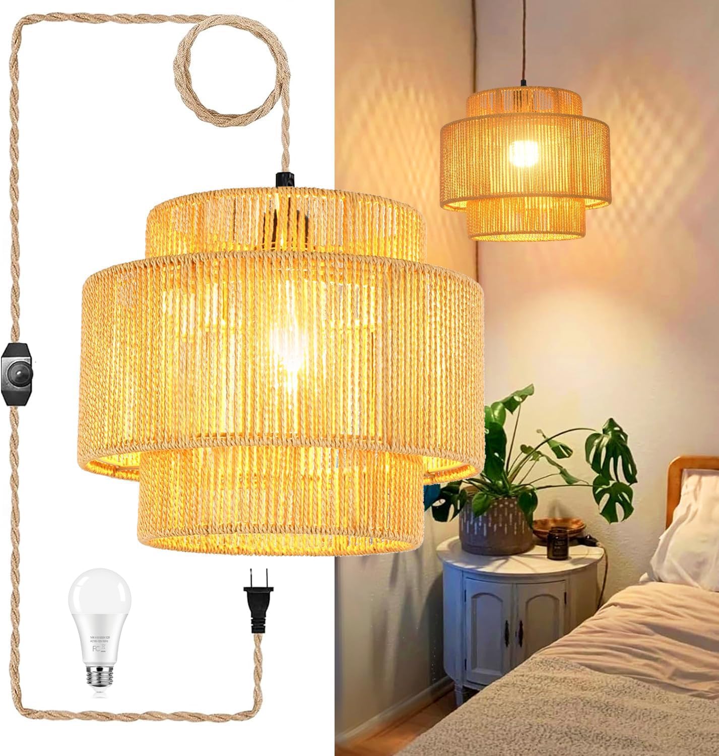 Boho Plug in Pendant Light with Dimmable Rattan Shade