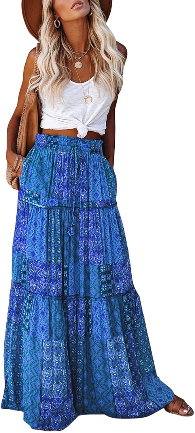 EARKOHA Womens Casual High Waist Tie Maxi Skirt with Pockets