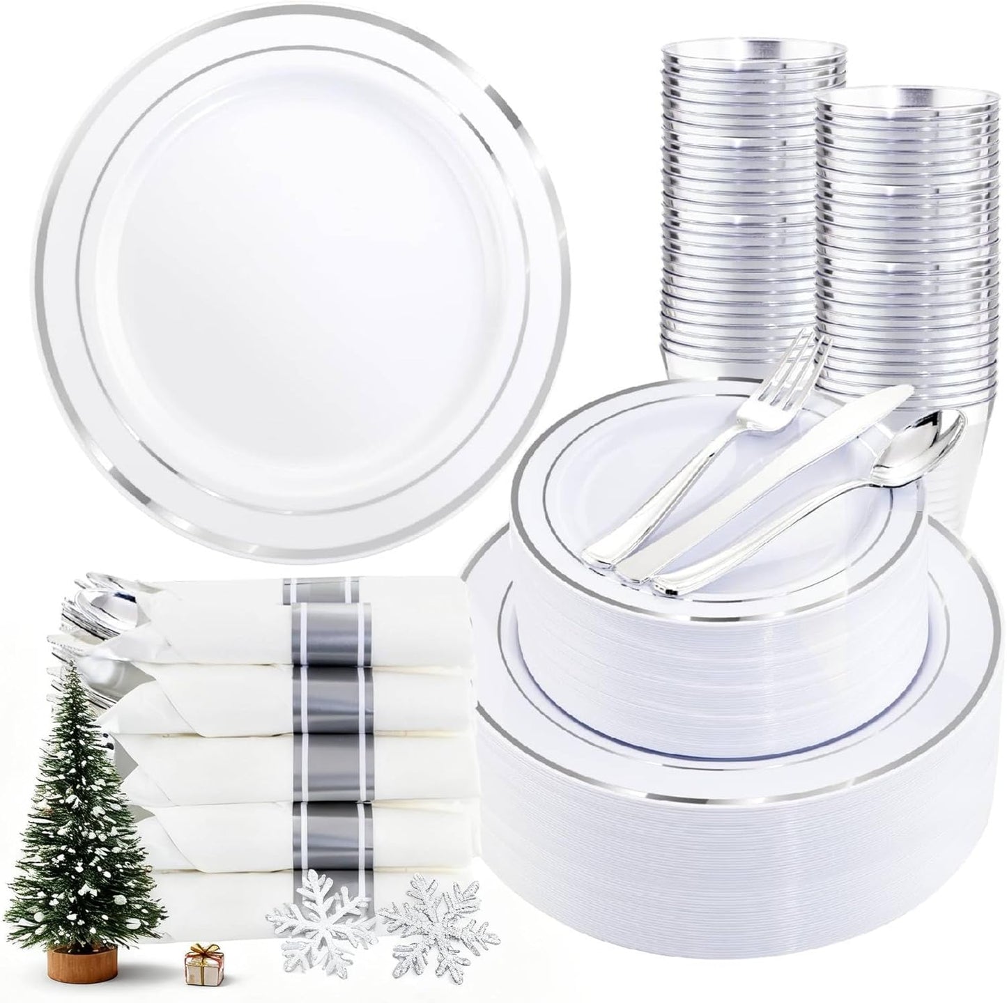 350Piece Silver Plastic Dinnerware Set for 50 Guests - Elegant Plates