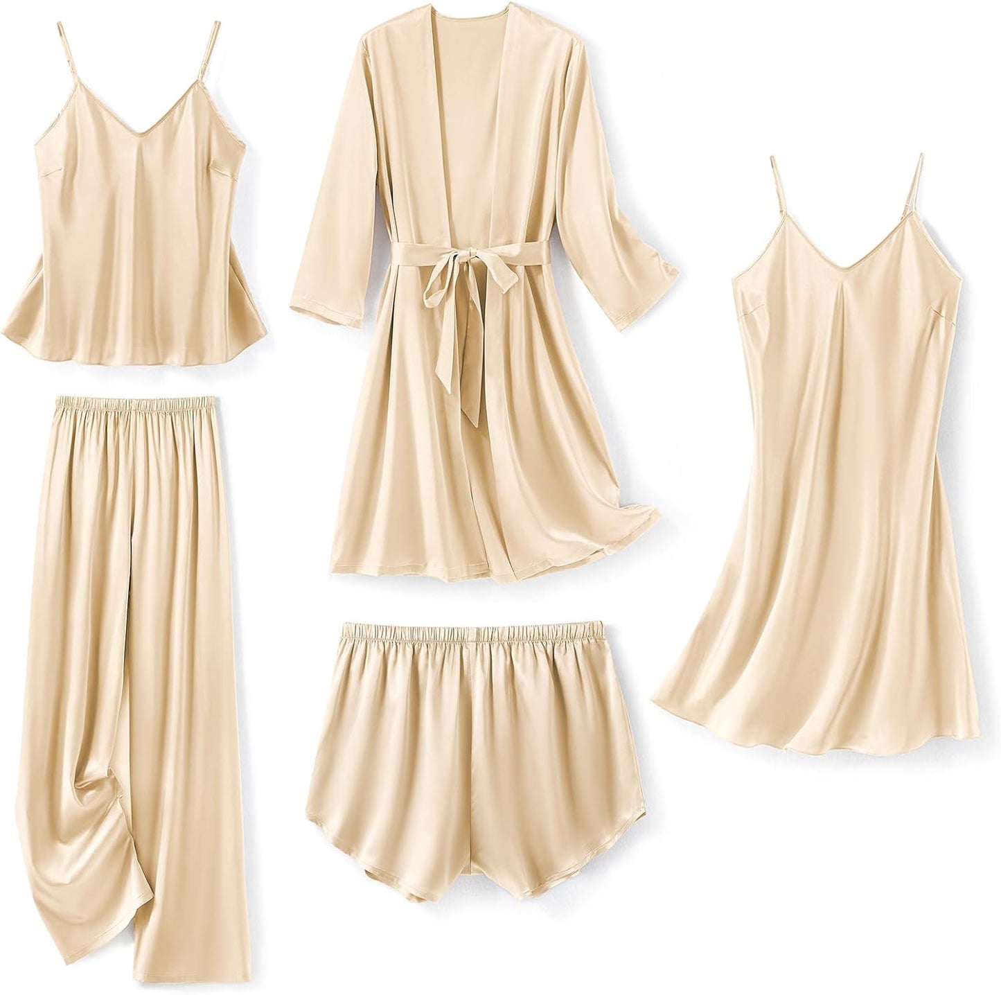 Luxurious Silk Pajamas for Women 5Pcs Sleepwear Set