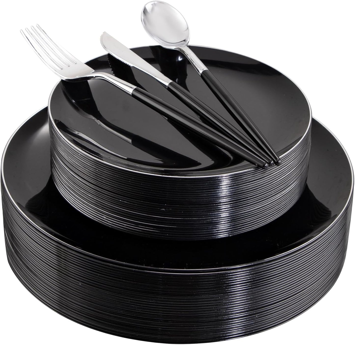 Elegant Black Plastic Plates and Silver Cutlery for Parties