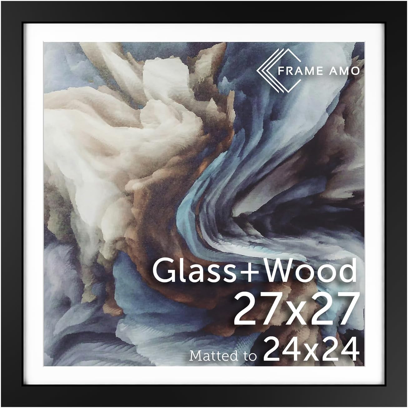 27x27 Black Solid Wood Poster Frame with White Mat for 24x24 Art