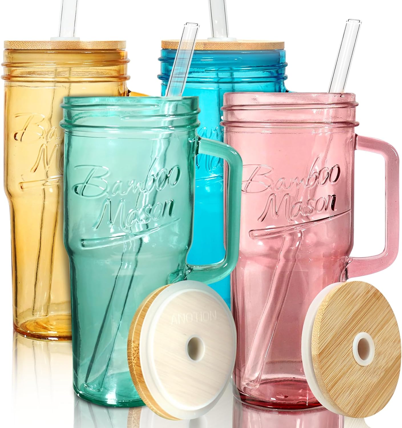 ANOTION Colored Glass Cups Set of 4 with Lids and Straws