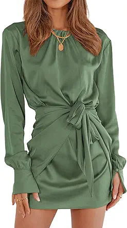 BTFBM Women Casual Long Sleeve Ruched Wrap Dress for Parties