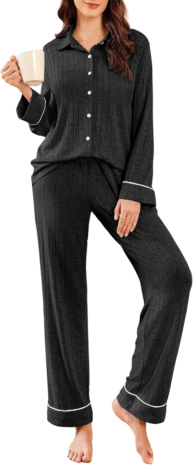 Ekouaer Womens Pajama Sets Long Sleeve Ribbed Knit Lounge Set