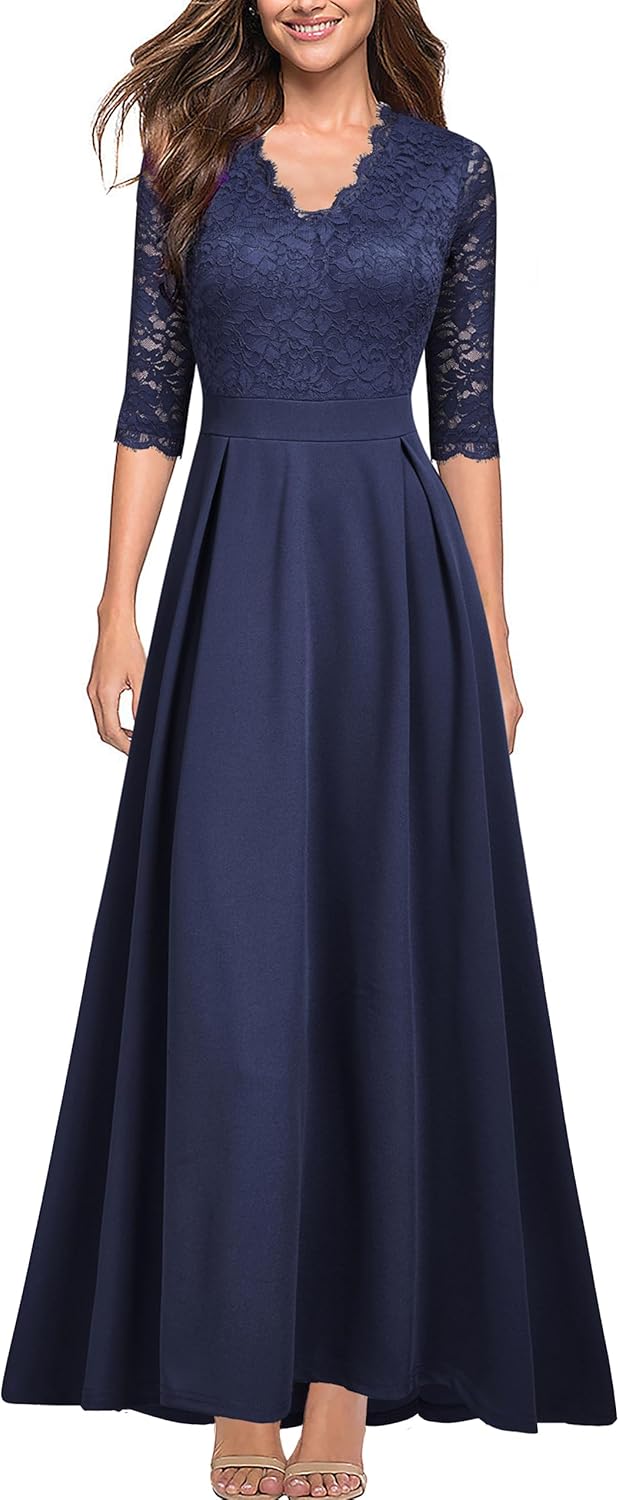 Elegant Women's V Neck Lace Vintage Long Dress for Bridesmaids