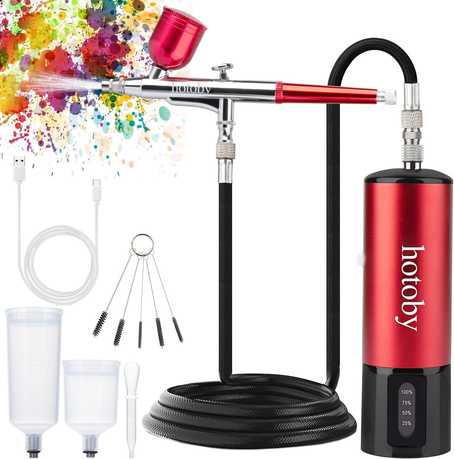 Rechargeable Cordless Airbrush Kit - On/Off Auto Power, Dual Action, Red