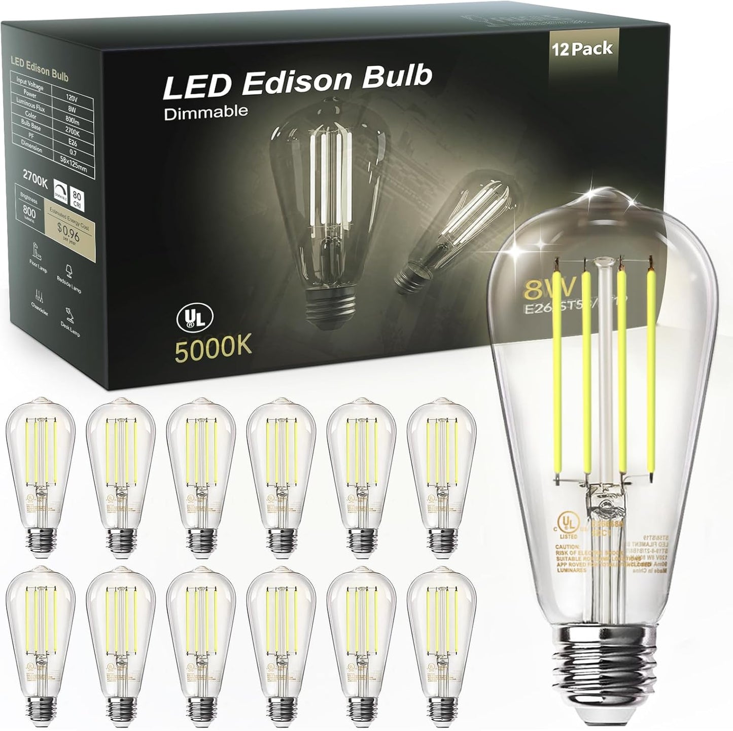 Vintage Edison LED Light Bulbs - Dimmable, 5000K Daylight