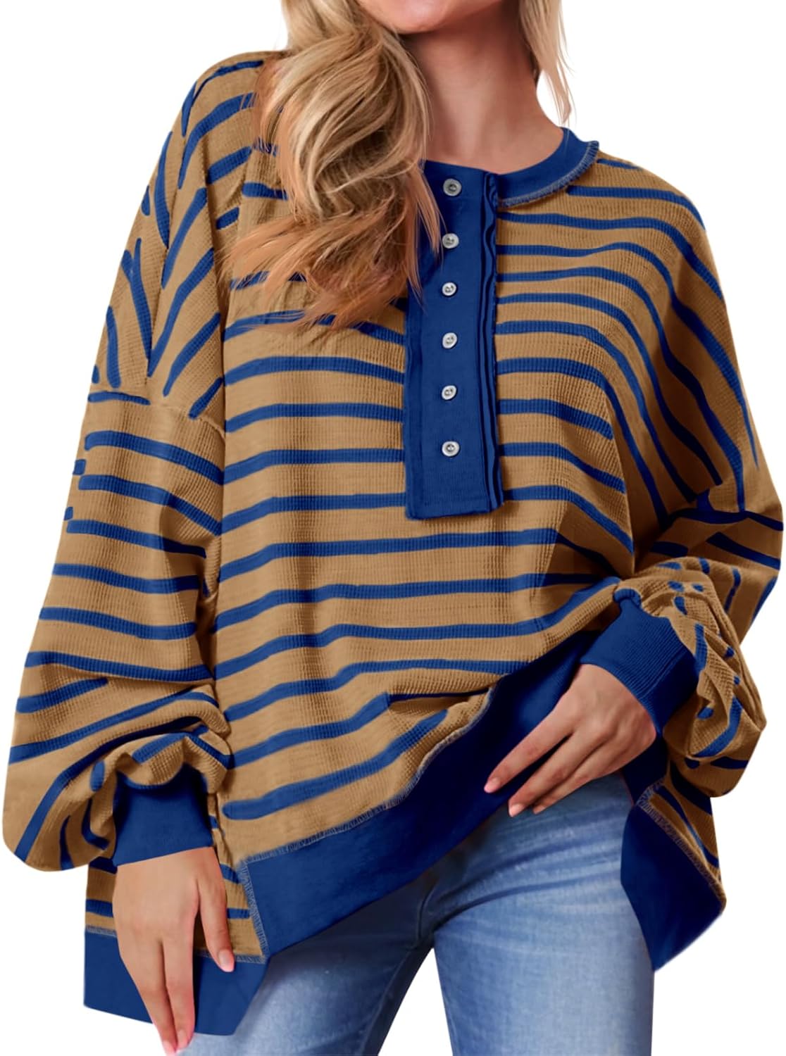 Oversized Striped Sweatshirts for Women - Stylish Henley Tops