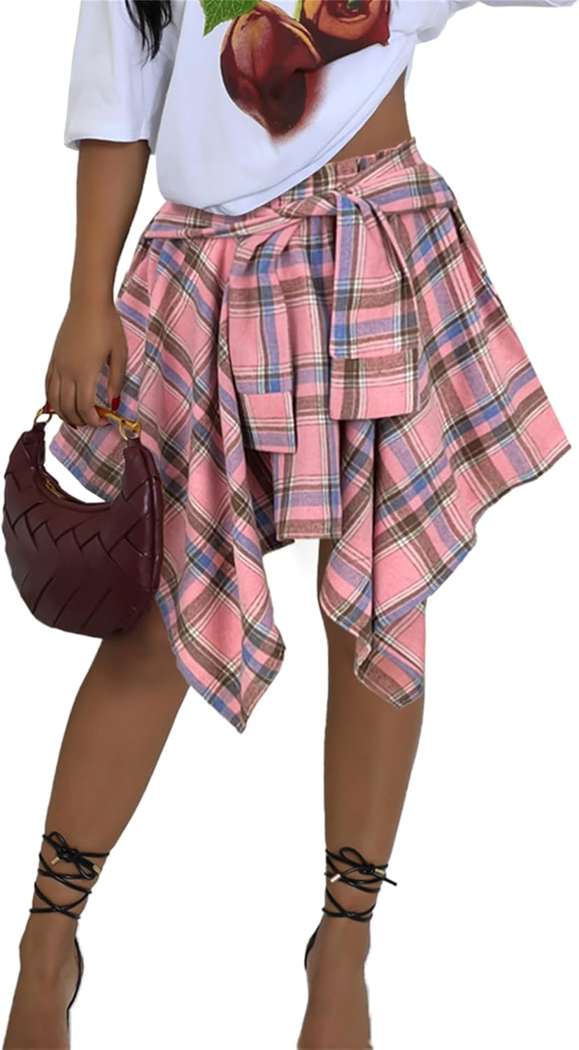 Women's Plaid Skirts High Waisted Knot Front Mini Skater Skirt
