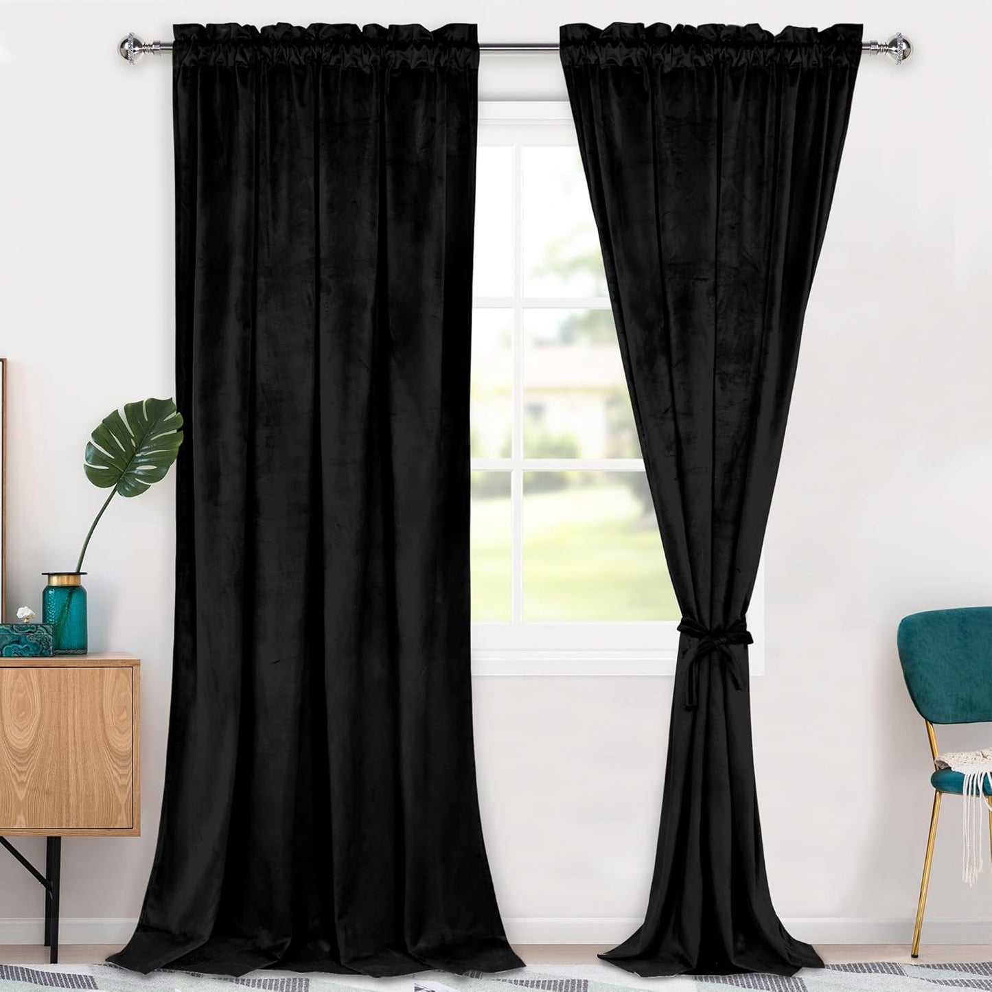 Hiasan Black Velvet Curtains - Luxurious Blackout Drapes 96 in