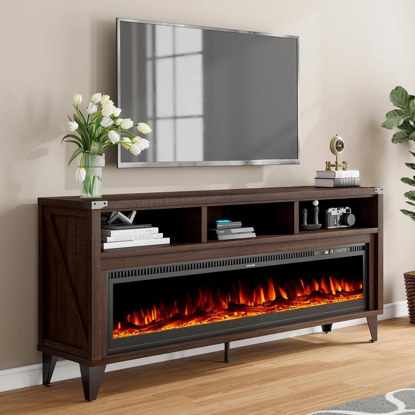 LUXOAK 65 Farmhouse Fireplace TV Stand - Electric Fireplace, Open Storage Space, Espresso
