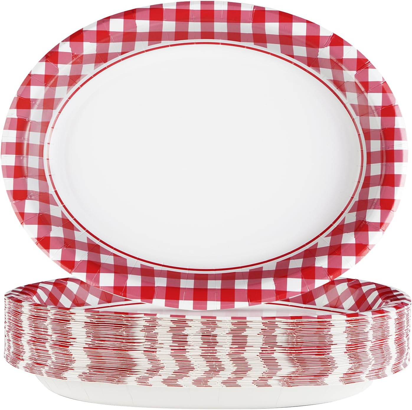 50 Pcs Gingham Oval Paper Plates for BBQ and Picnic Parties