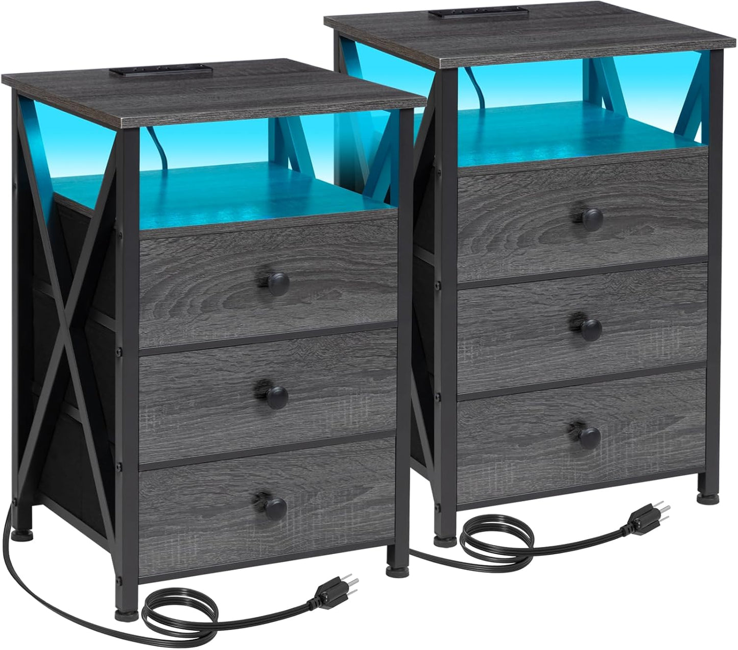 LED Nightstand Set with Charging Station and Fabric Drawers
