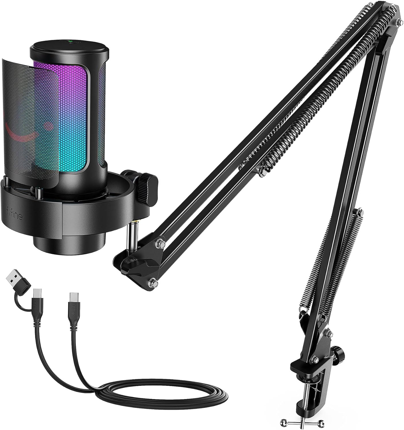 FIFINE USB Gaming Microphone Kit with RGB Lights and Boom Arm