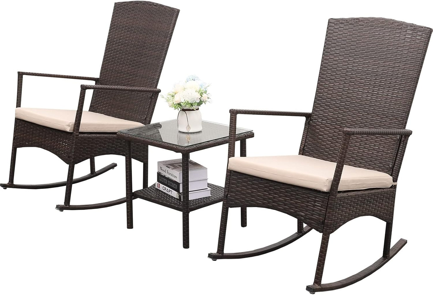 Outdoor PE Wicker Rocking Chair Set with Cushions and Table