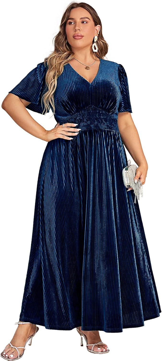 Simplee Womens V Neck Velvet Maxi Dress for Wedding Guests