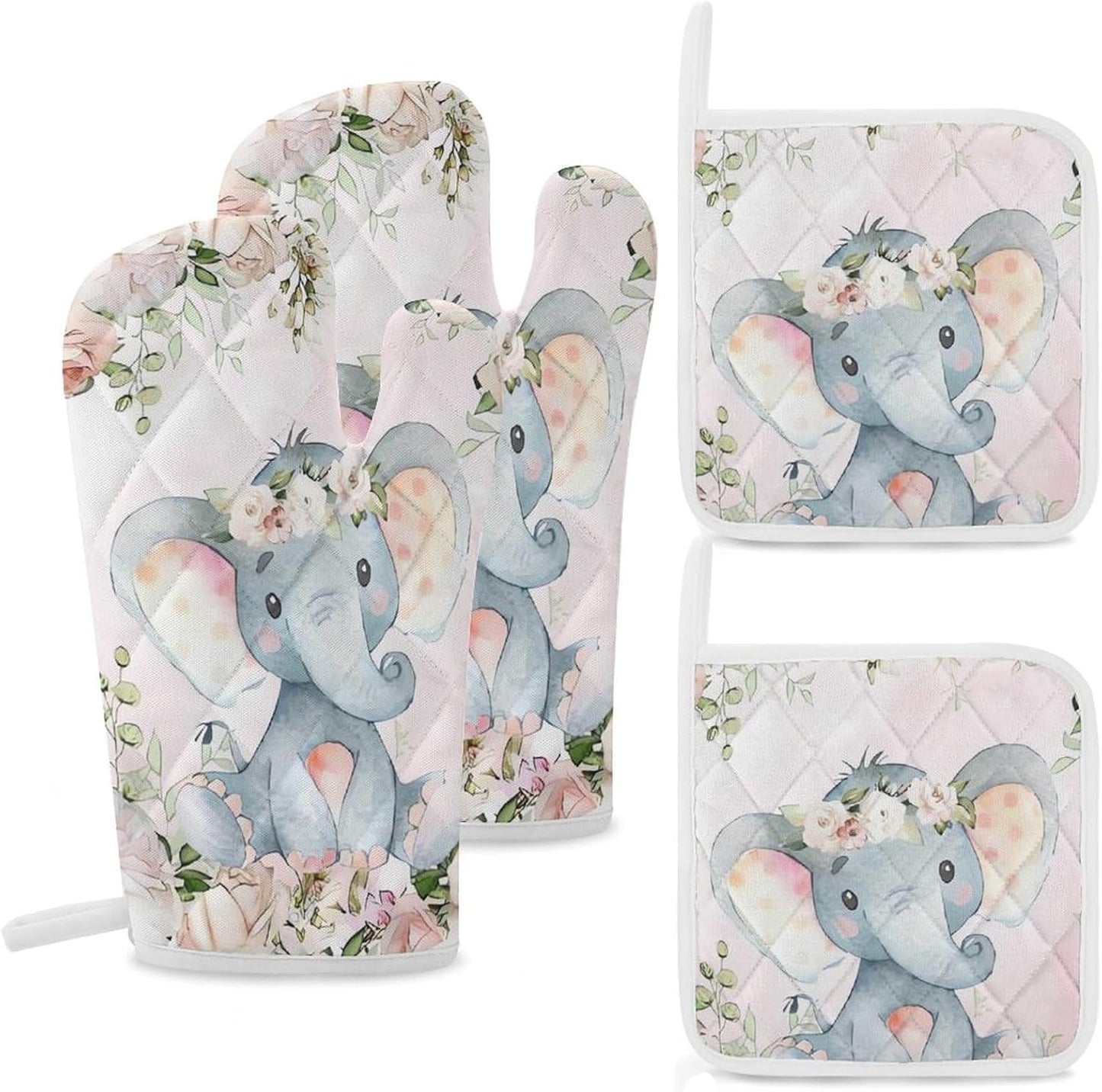 Cute Elephant Oven Mitts Set - Heat Resistant Kitchen Gloves