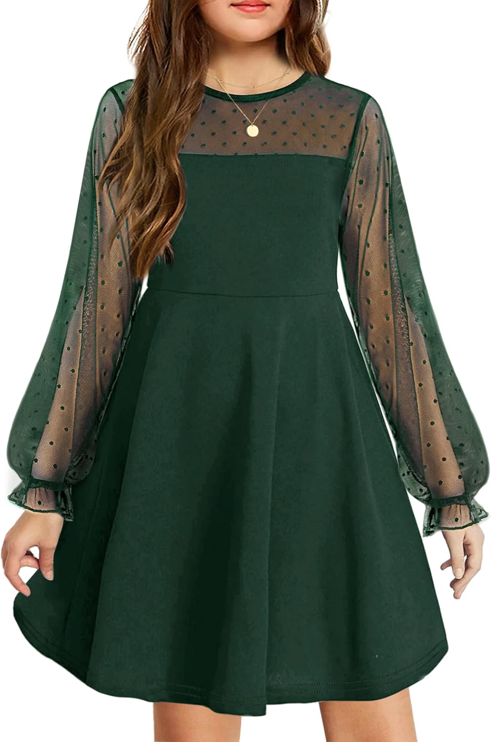 Arshiner Girl's Contrast Mesh Puff Long Sleeve Dress with Pockets