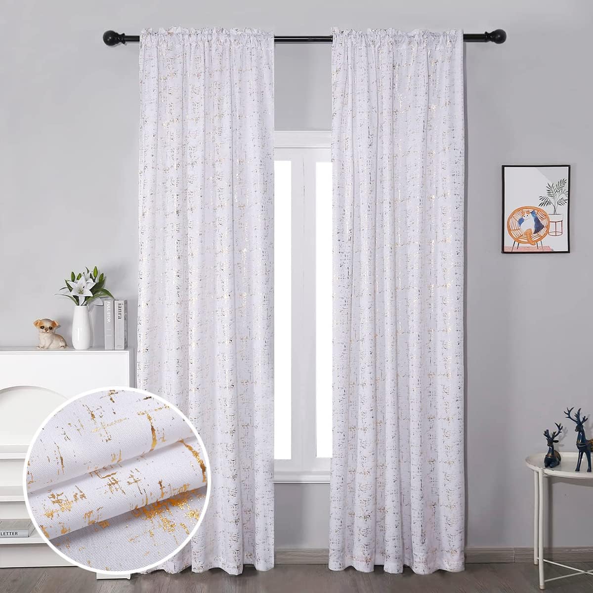 Geometric Dots Gold Foil Print Curtains - Thermal Insulated, 84 L, 2 Panels