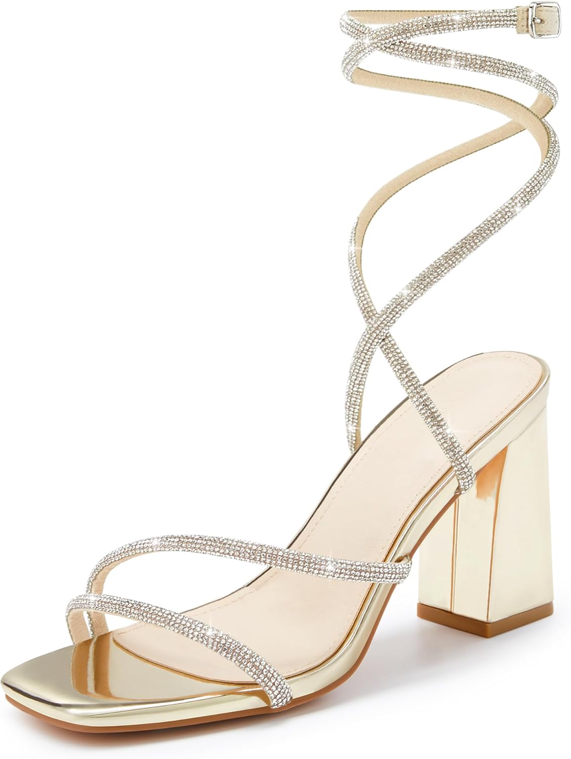 Coutgo Womens Lace Up Chunky Heels Rhinestone Sandals for Style