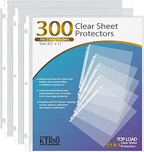 KTRIO Sheet Protectors for 3 Ring Binder - 300 Pack Clear Sleeves