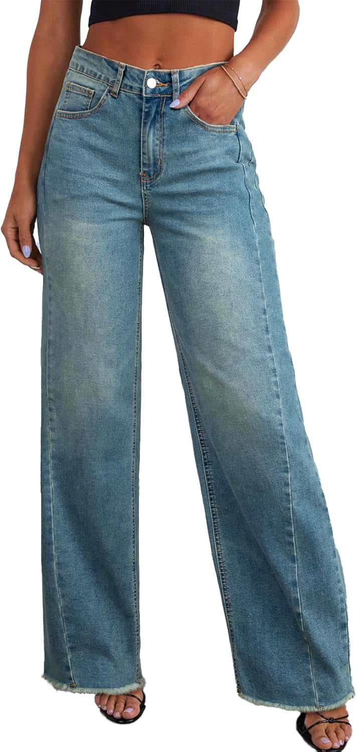 Wide Leg High Waisted Raw Hem Jeans for Effortless Style