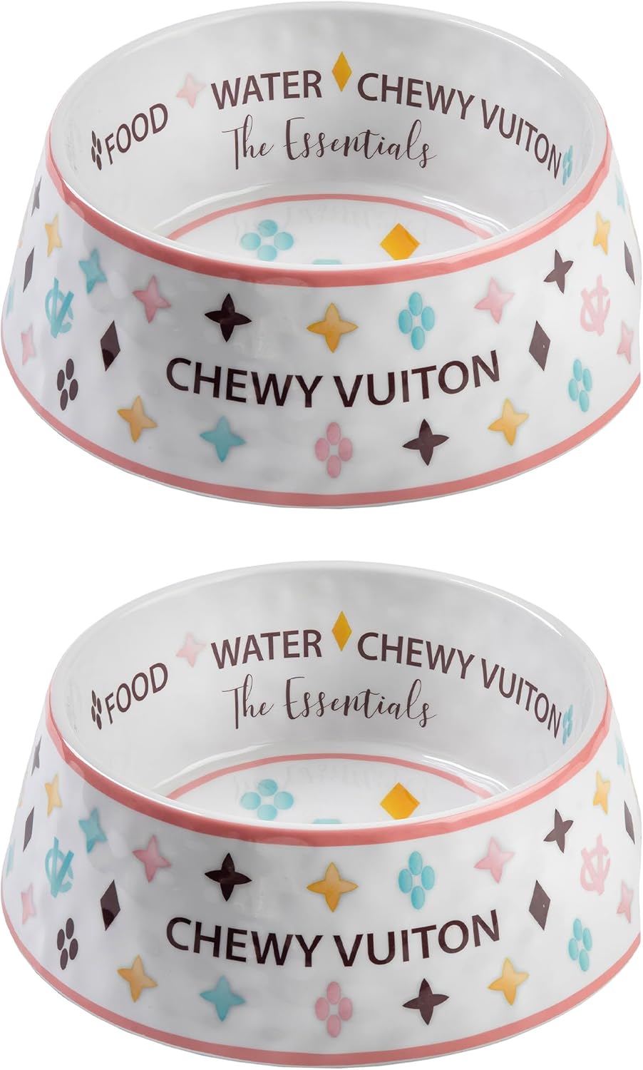 White Chewy Vuiton Dog Bowl Set for Stylish Pet Dining