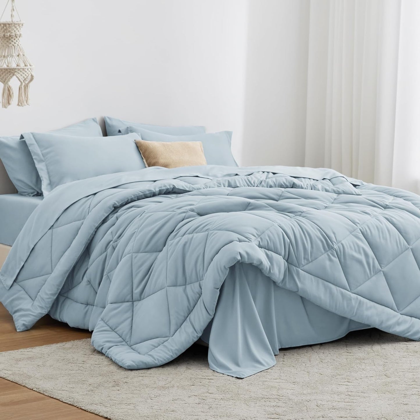 Love's Cabin Queen Comforter Set - Light Blue 7 Piece Bedding