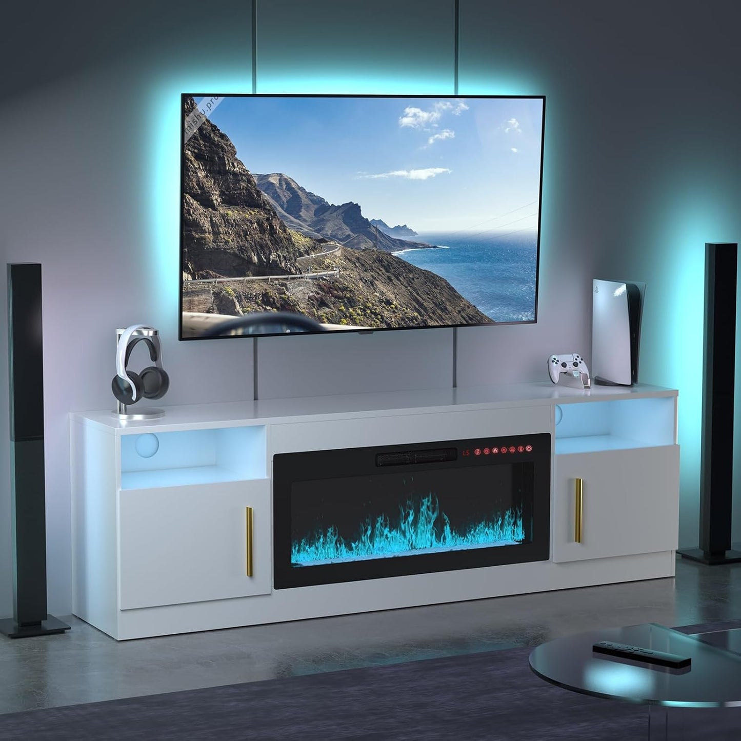 70 Modern Electric Fireplace TV Stand - White