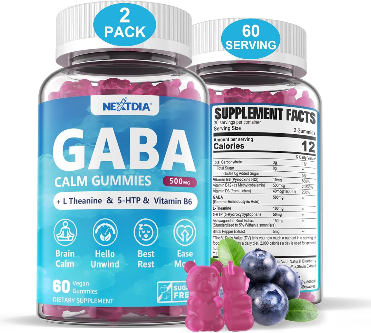 GABA Gummies 500 mg - Sugar-Free Calm Gummies for Mood Support