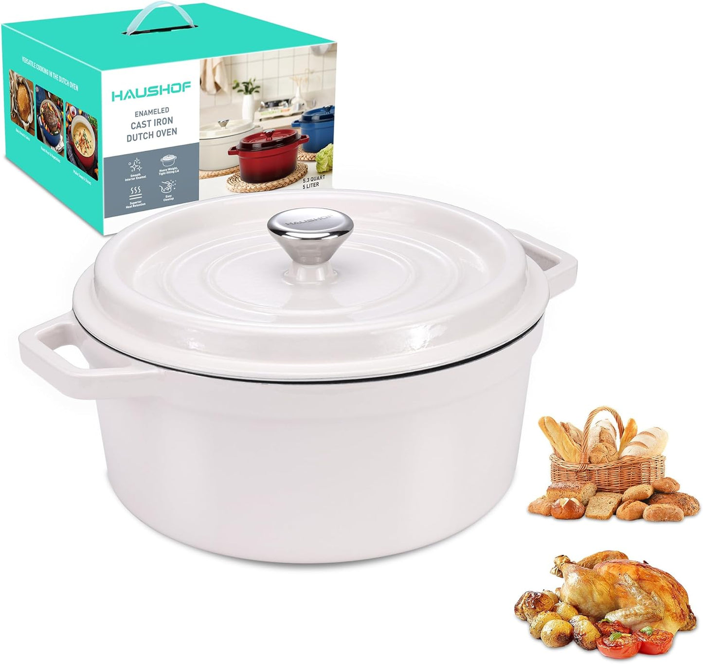 HAUSHOF 5.3QT Enameled Cast Iron Dutch Oven for Cooking