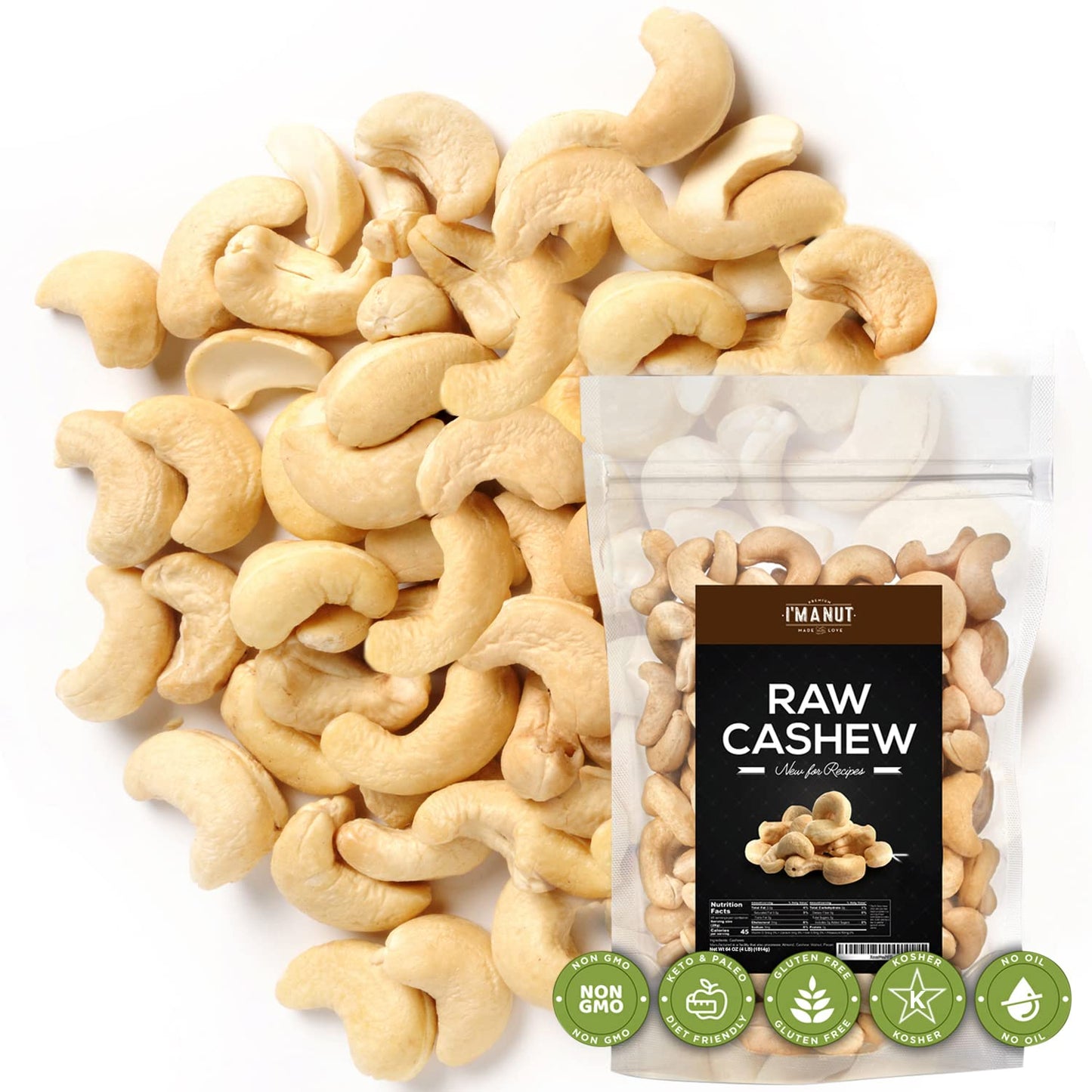 Premium Raw Cashews 64oz Non-GMO, Gluten Free, Resealable Pouch