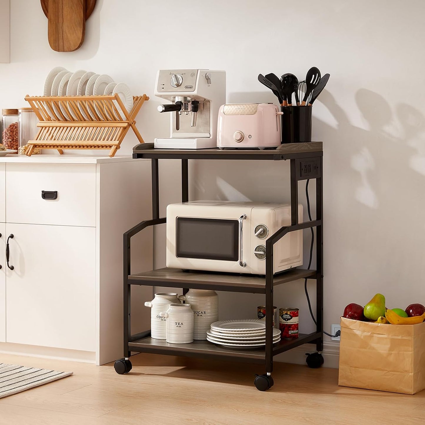3-Tier Microwave Cart with Power Outlet & Wheels